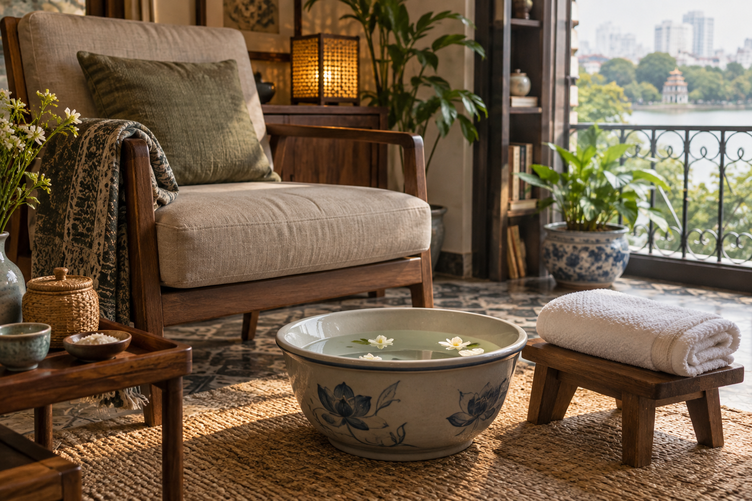 foot-care setup in Hanoi, with clean linens and a calm apartment setting (image 1).