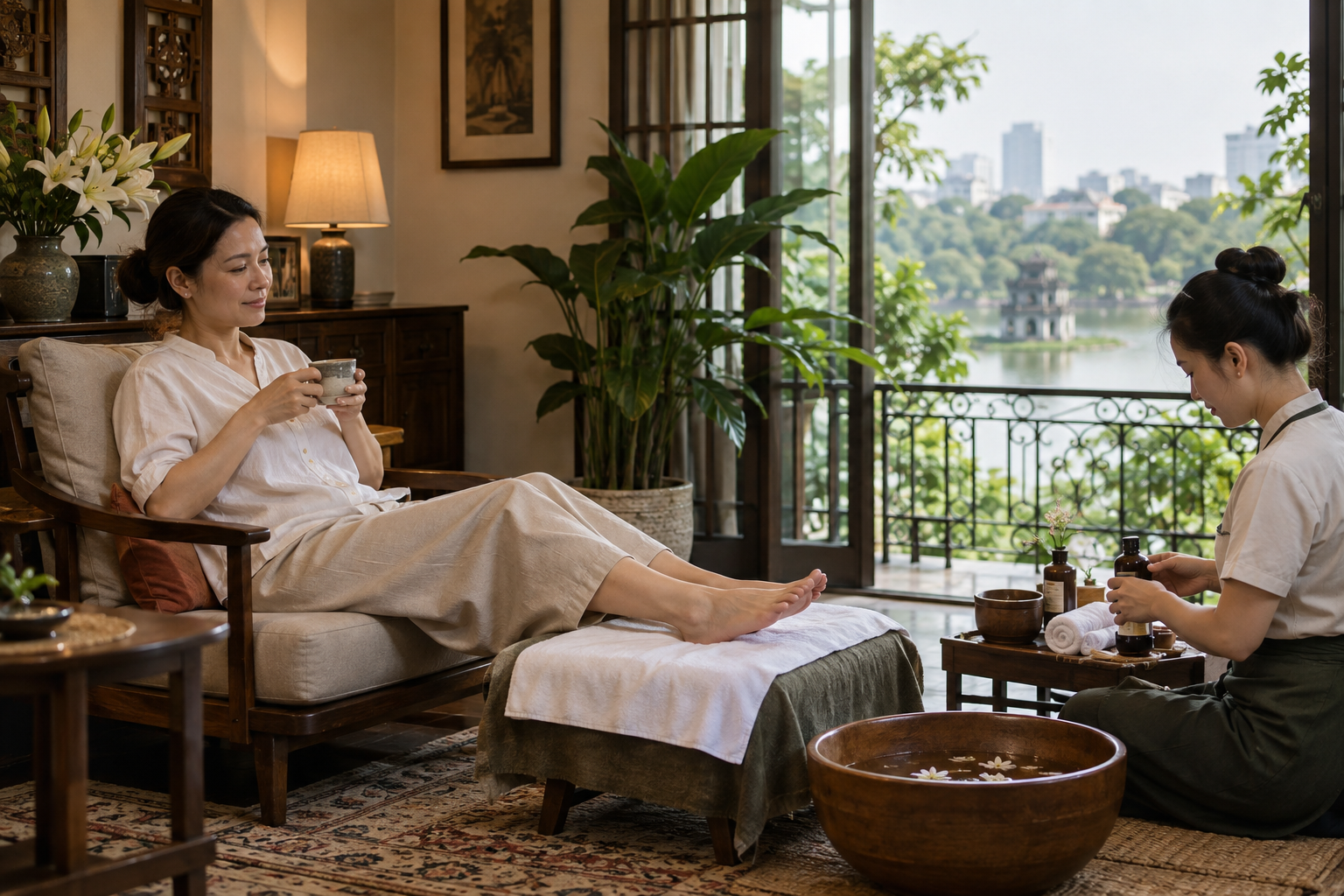 foot-care setup in Hanoi, with clean linens and a calm apartment setting (image 2).