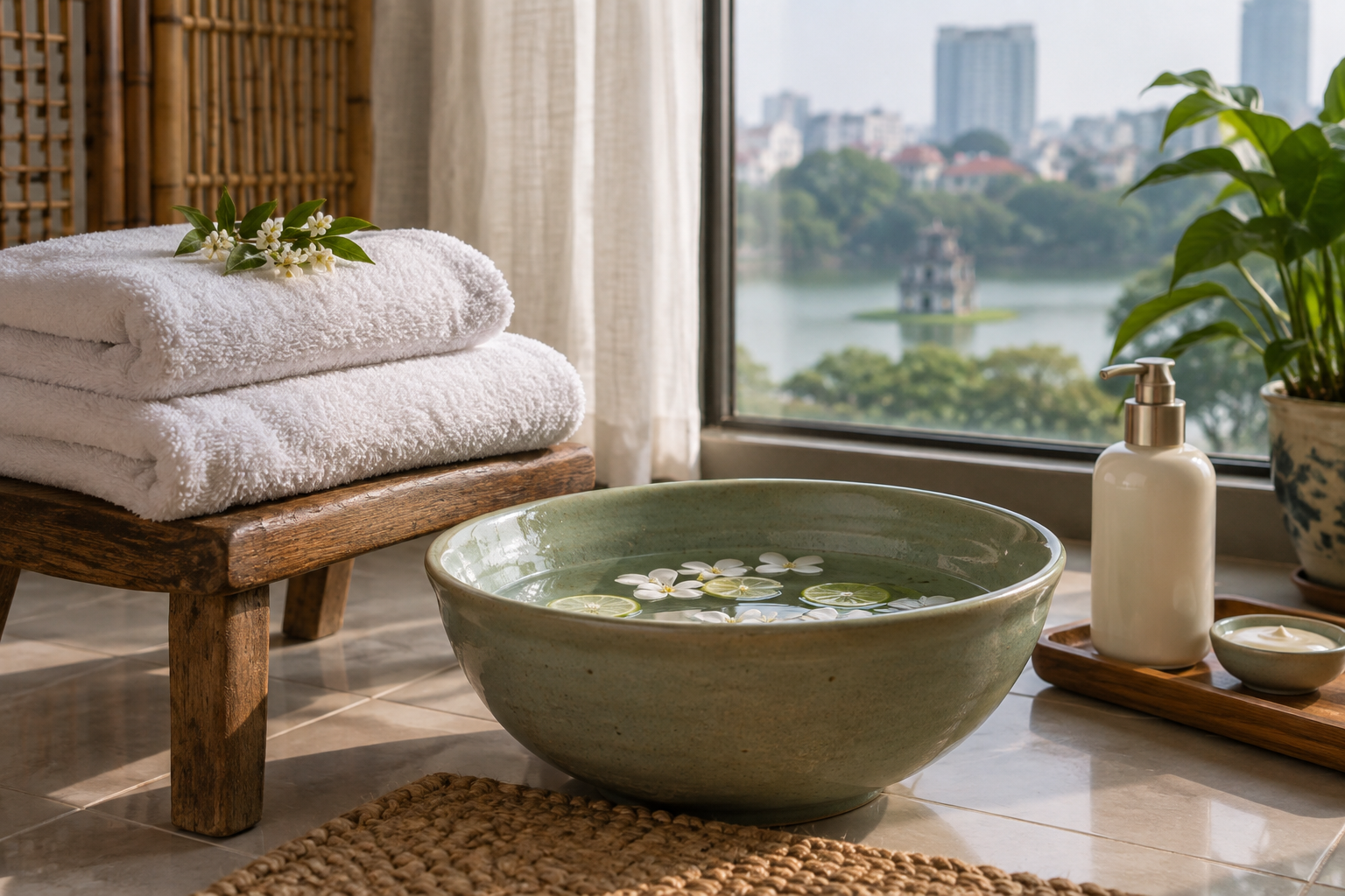 foot-care setup in Hanoi, with clean linens and a calm apartment setting (image 3).