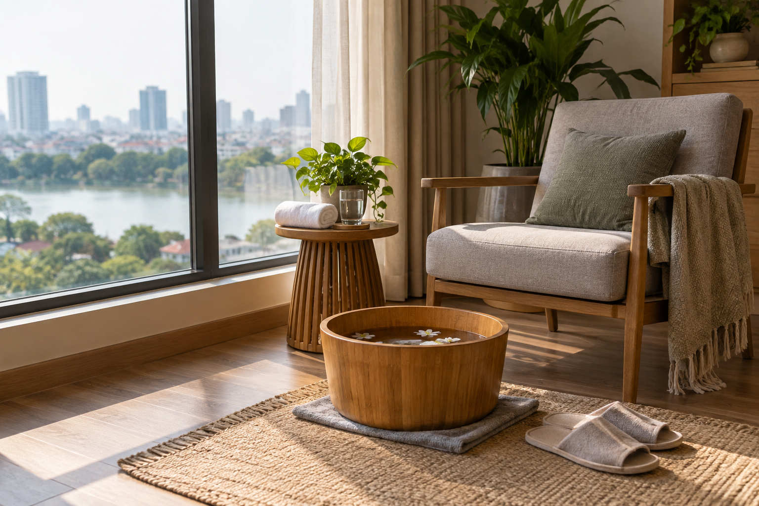 foot-care setup in Hanoi, with clean linens and a calm apartment setting (image 4).
