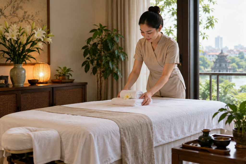 neck and shoulder wellness setup in Hanoi, with clean linens and a calm apartment setting (image 1).