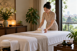 neck and shoulder wellness setup in Hanoi, with clean linens and a calm apartment setting (image 1).