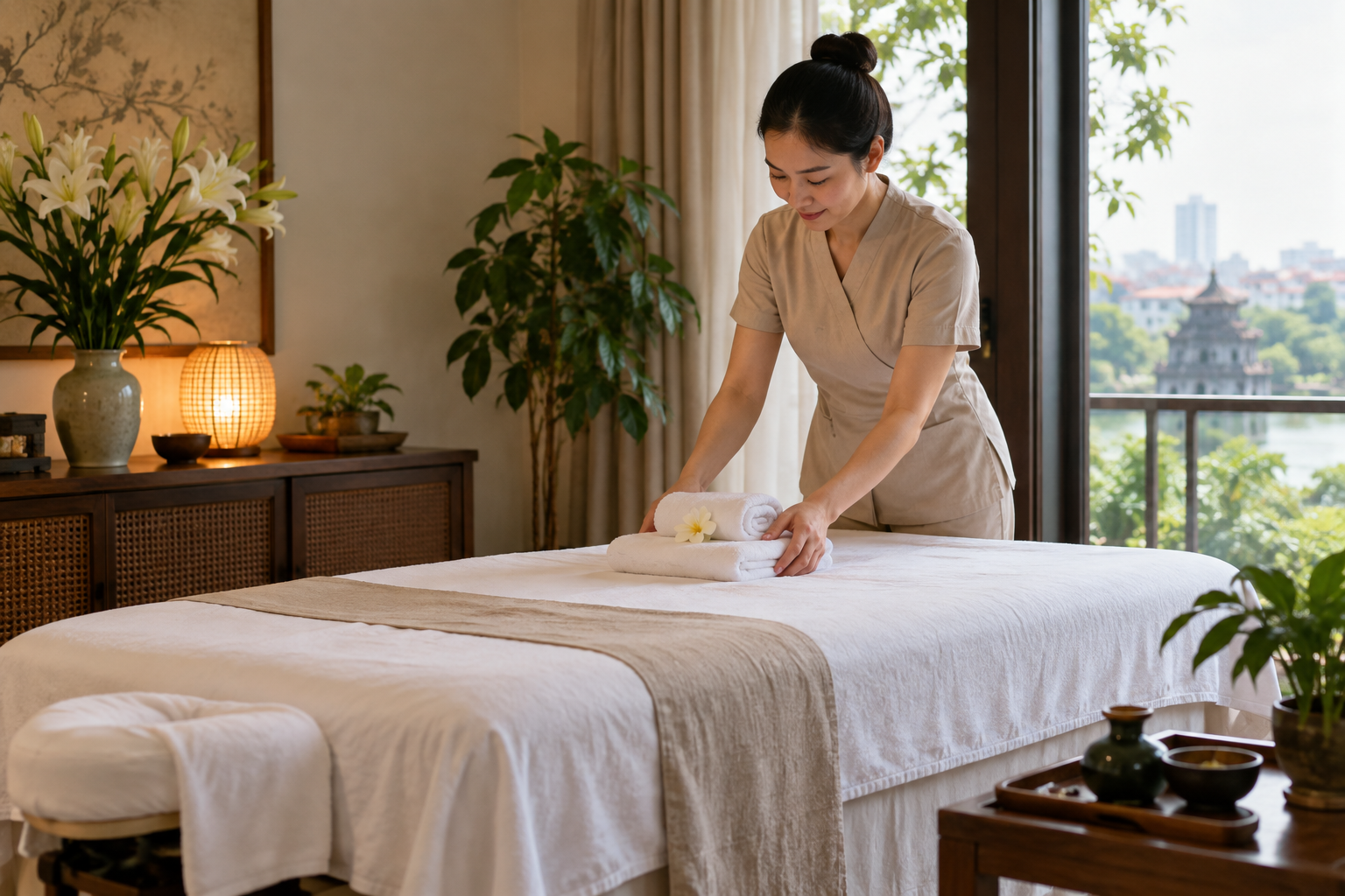 neck and shoulder wellness setup in Hanoi, with clean linens and a calm apartment setting (image 1).