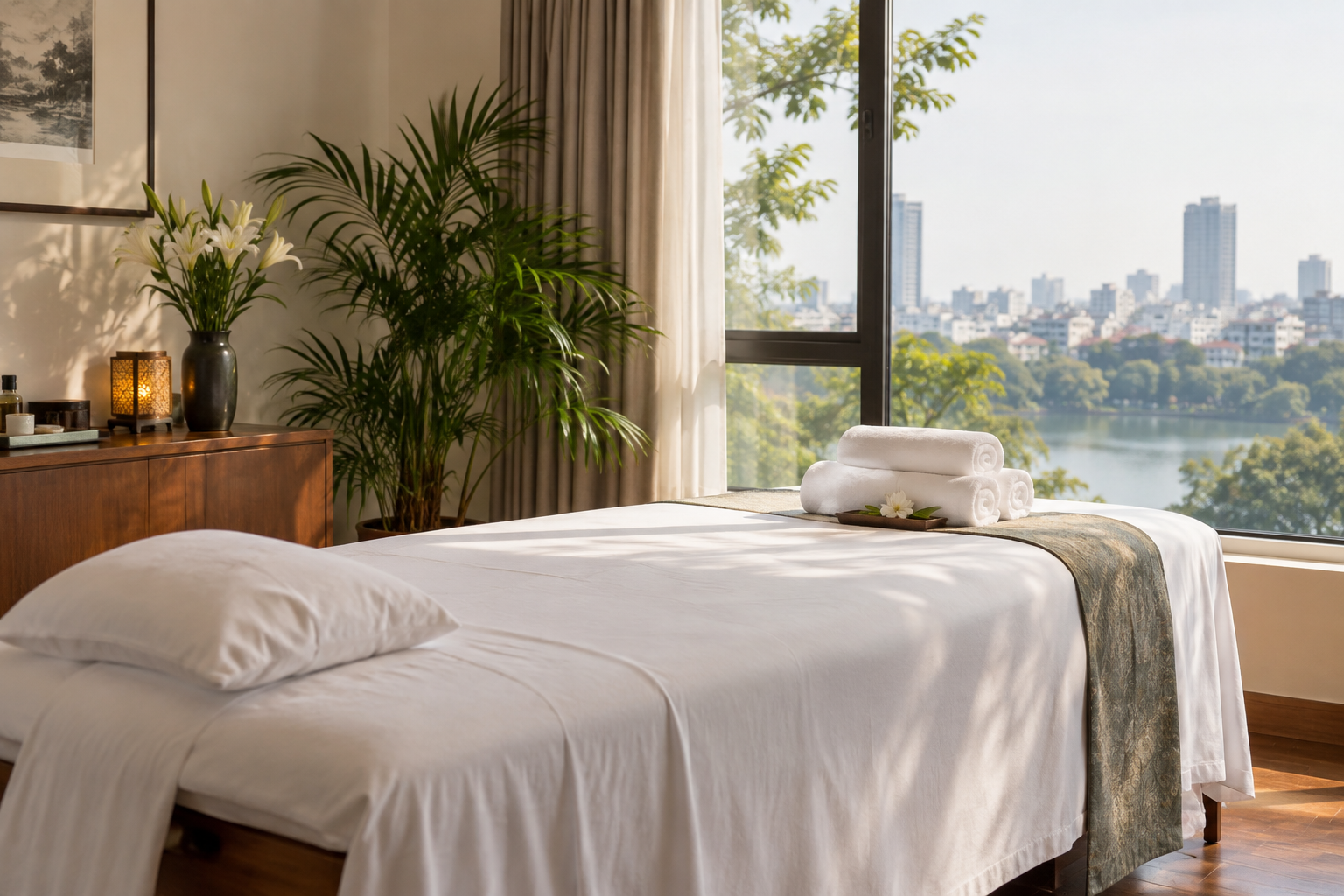 neck and shoulder wellness setup in Hanoi, with clean linens and a calm apartment setting (image 3).