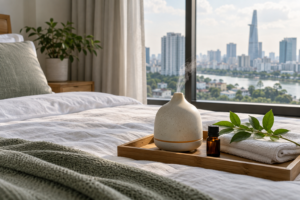 aromatherapy setup in Ho Chi Minh City, with clean linens and a calm apartment setting (image 1).