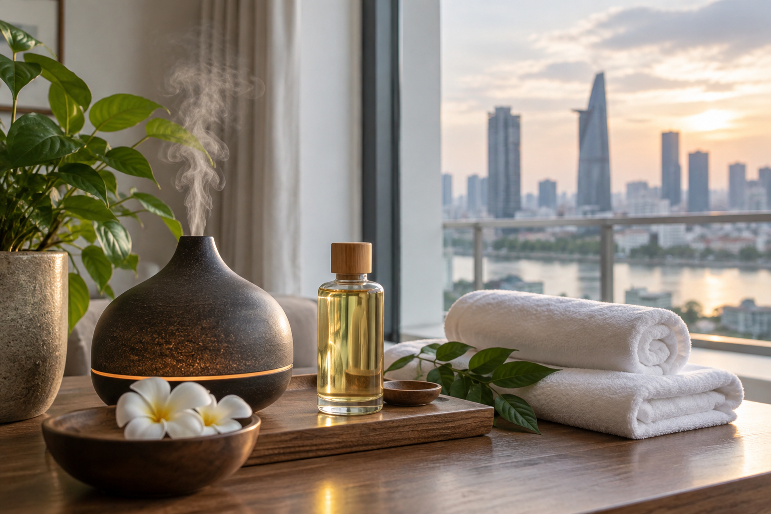 aromatherapy setup in Ho Chi Minh City, with clean linens and a calm apartment setting (image 3).
