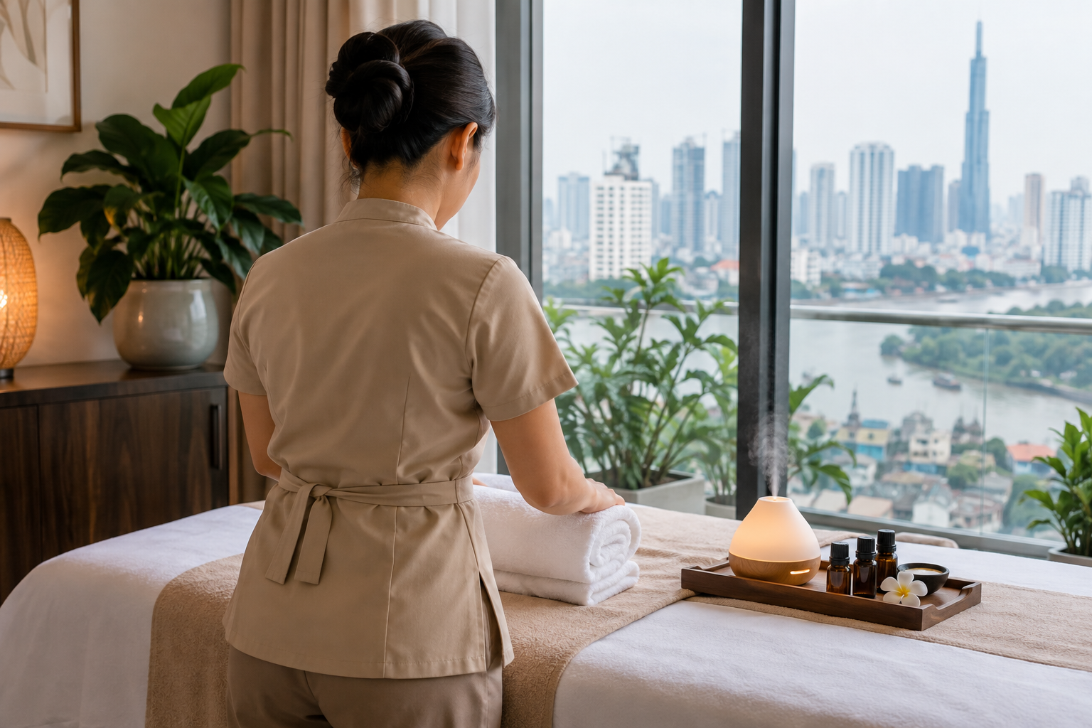 aromatherapy setup in Ho Chi Minh City, with clean linens and a calm apartment setting (image 4).