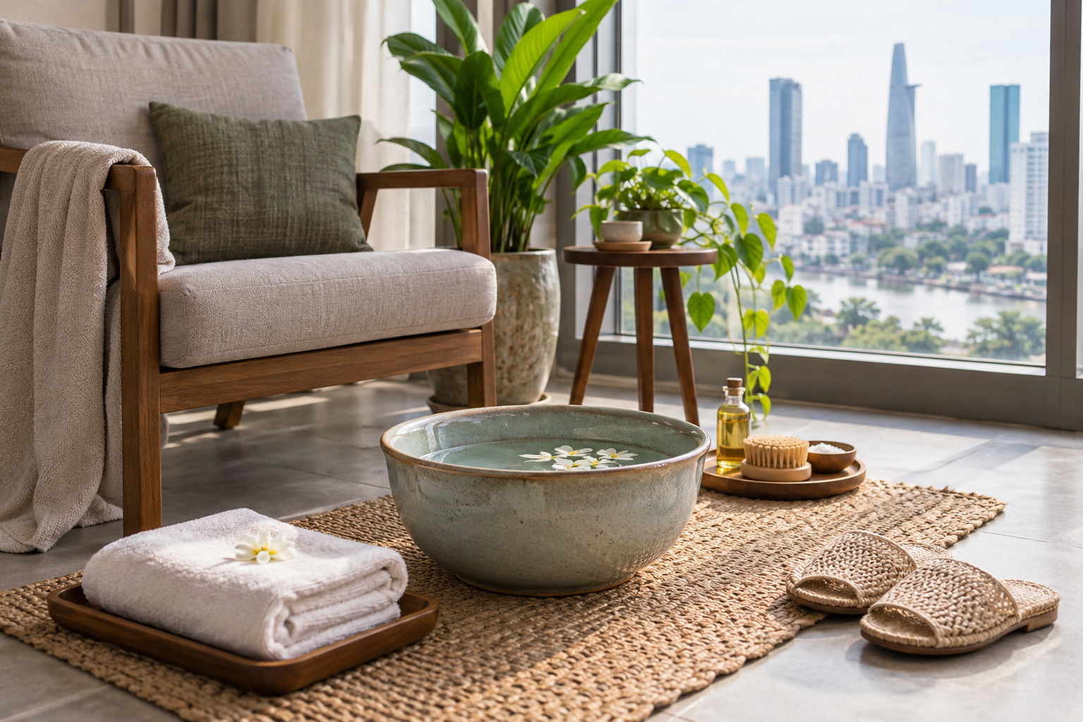 foot-care setup in Ho Chi Minh City, with clean linens and a calm apartment setting (image 1).