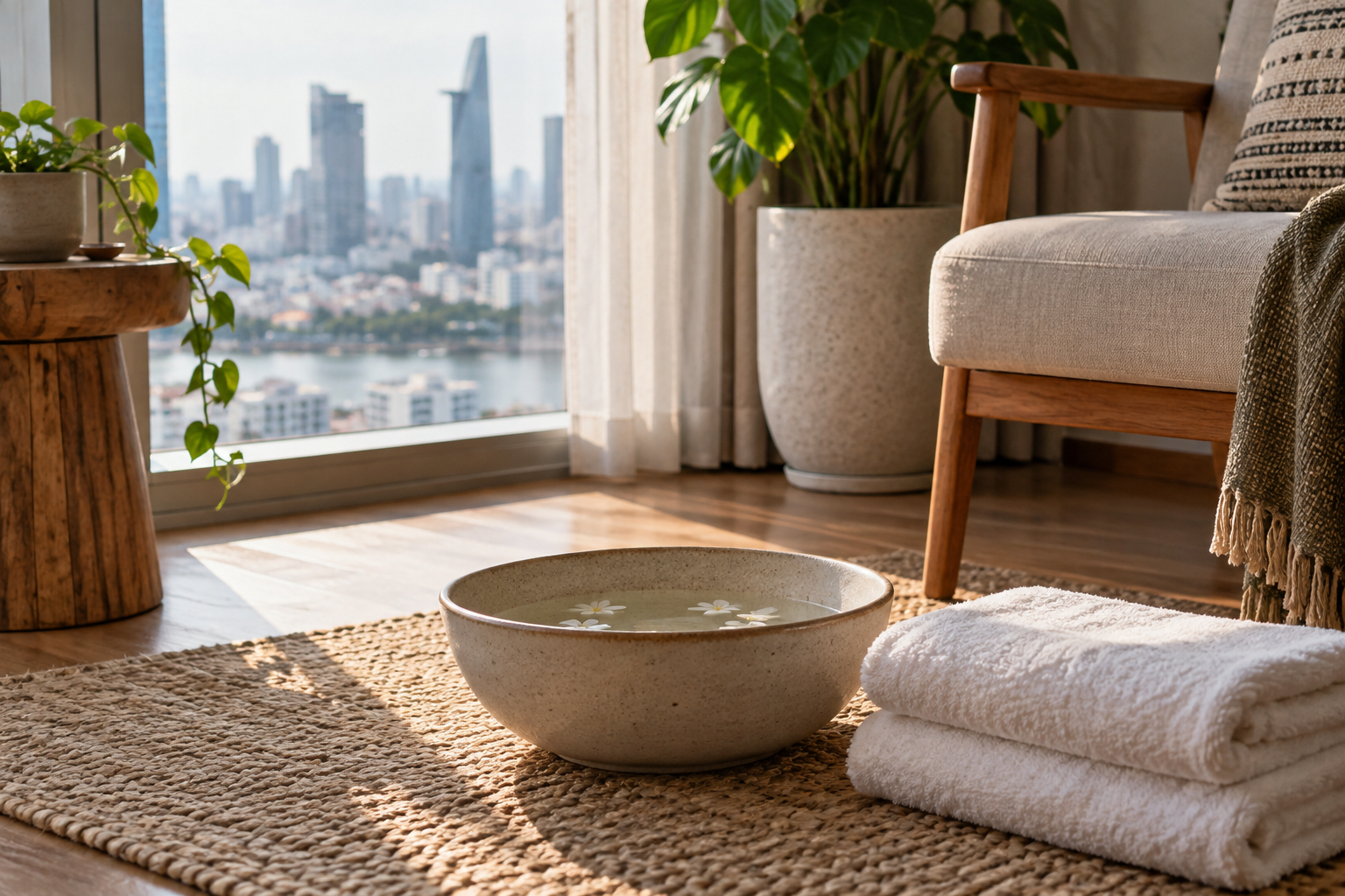 foot-care setup in Ho Chi Minh City, with clean linens and a calm apartment setting (image 3).