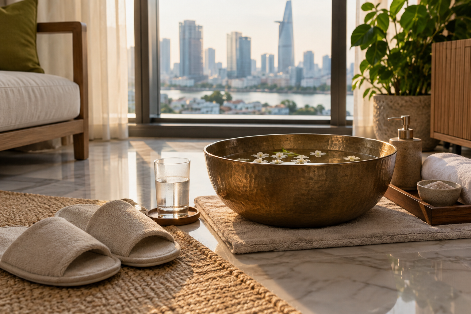 foot-care setup in Ho Chi Minh City, with clean linens and a calm apartment setting (image 4).