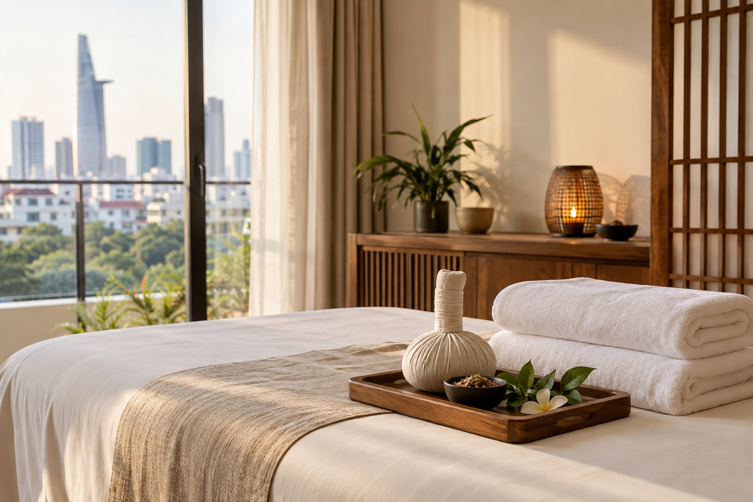 Vietnamese wellness setup in Ho Chi Minh City, with clean linens and a calm apartment setting (image 1).