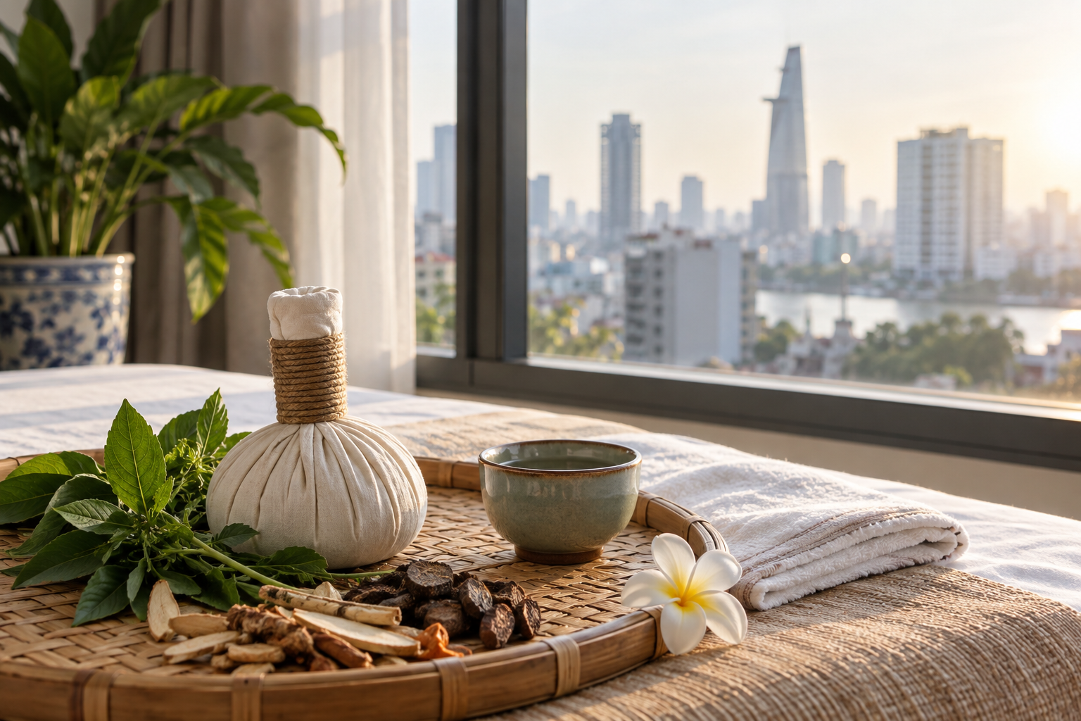 Vietnamese wellness setup in Ho Chi Minh City, with clean linens and a calm apartment setting (image 2).