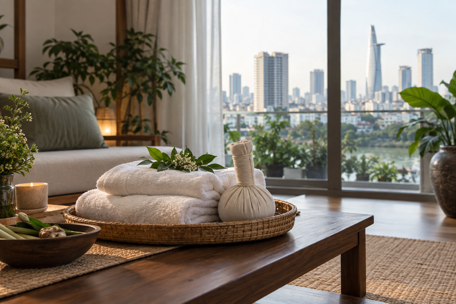 Vietnamese wellness setup in Ho Chi Minh City, with clean linens and a calm apartment setting (image 3).